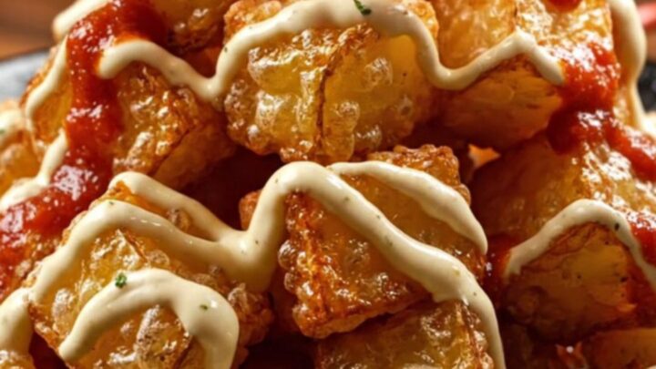A rustic clay dish filled with golden, crispy Patatas Bravas drizzled with vibrant red bravas sauce and creamy garlic aioli.