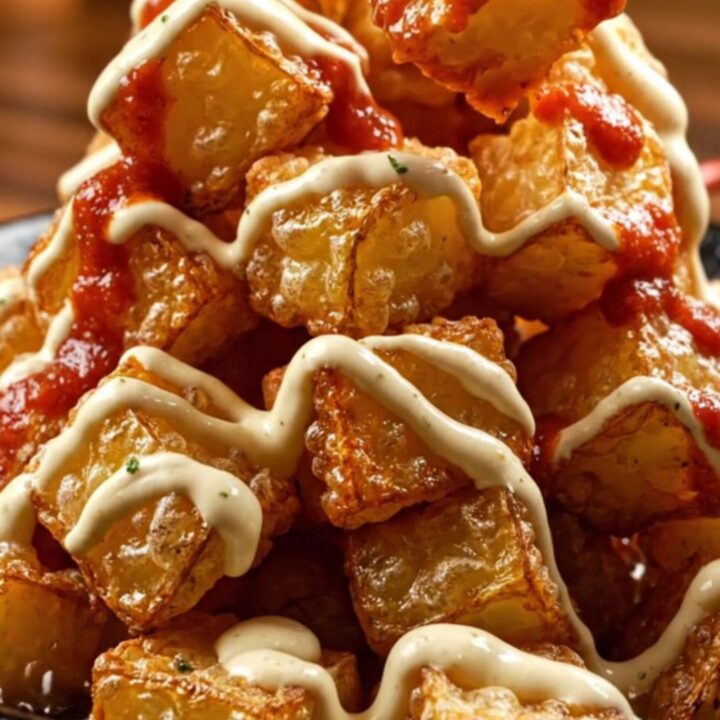 A rustic clay dish filled with golden, crispy Patatas Bravas drizzled with vibrant red bravas sauce and creamy garlic aioli.
