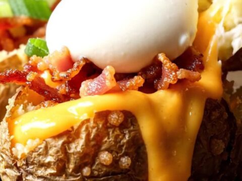 A close-up of two halves of a loaded potato skin being pulled apart, showing melted cheese.