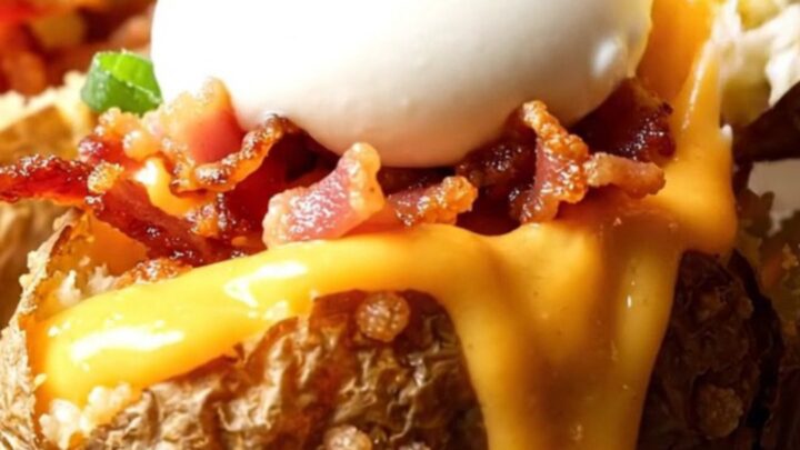A close-up of two halves of a loaded potato skin being pulled apart, showing melted cheese.