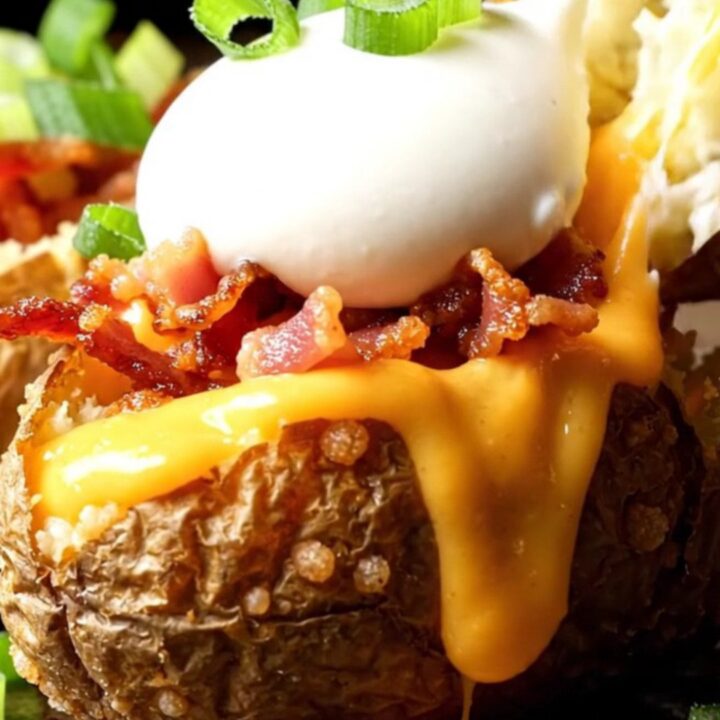 A close-up of two halves of a loaded potato skin being pulled apart, showing melted cheese.