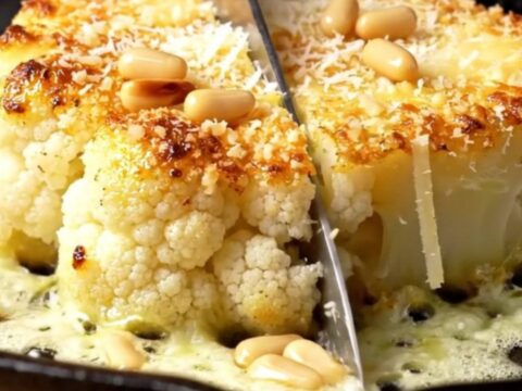 A golden-brown parmesan-crusted cauliflower steak served on a rustic plate.