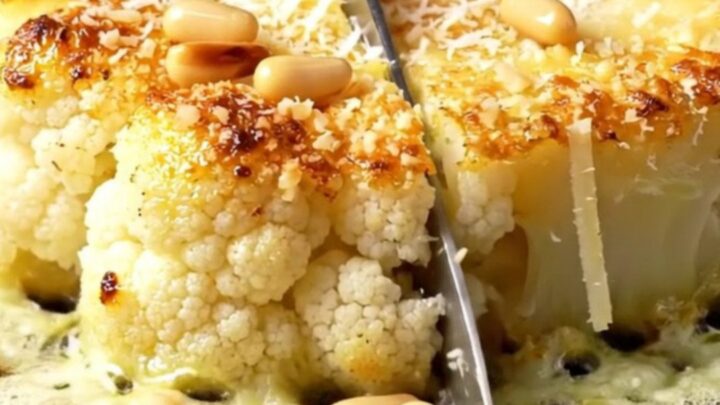 A golden-brown parmesan-crusted cauliflower steak served on a rustic plate.