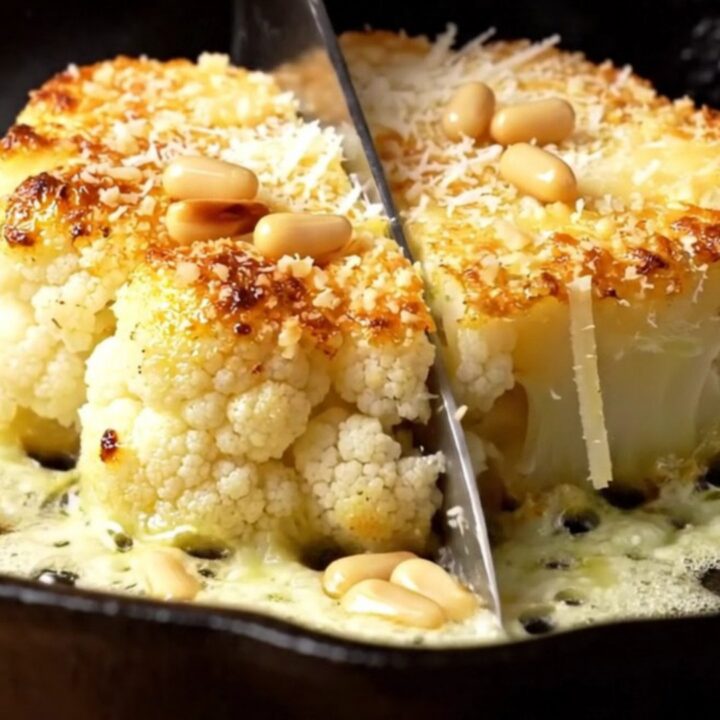 A golden-brown parmesan-crusted cauliflower steak served on a rustic plate.