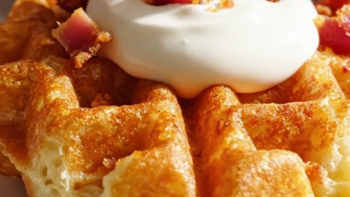 A crispy, golden-brown hashbrown waffle topped with a dollop of sour cream and bacon crumbles on a plate.