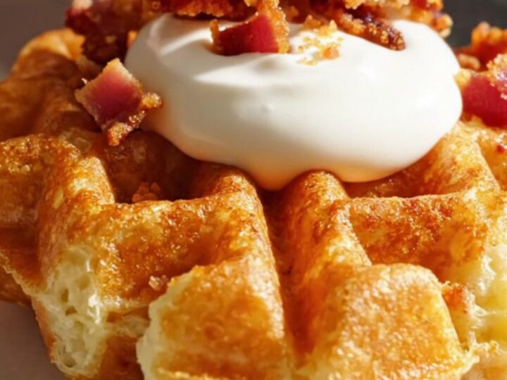 A crispy, golden-brown hashbrown waffle topped with a dollop of sour cream and bacon crumbles on a plate.