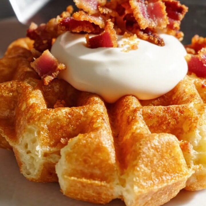 A crispy, golden-brown hashbrown waffle topped with a dollop of sour cream and bacon crumbles on a plate.