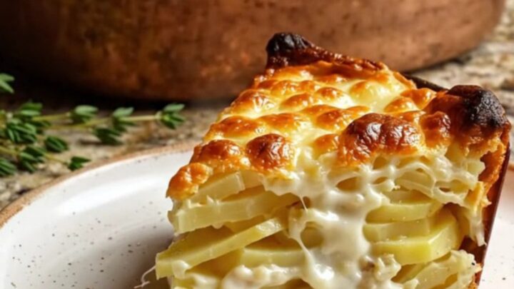 A close-up of a serving spoon lifting a portion of creamy Pommes Dauphinoise from a ceramic dish