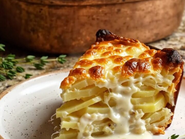 A close-up of a serving spoon lifting a portion of creamy Pommes Dauphinoise from a ceramic dish