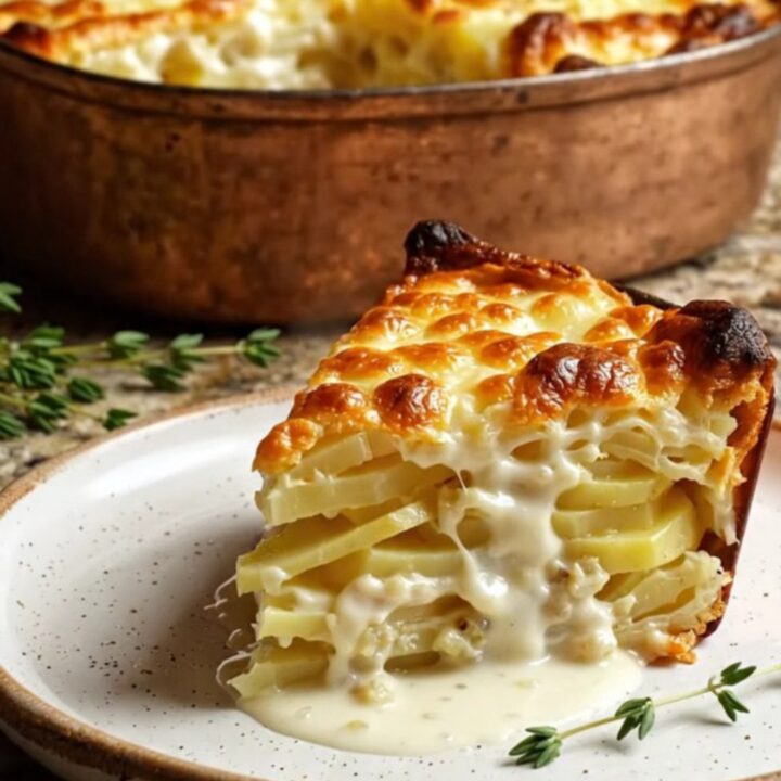 A close-up of a serving spoon lifting a portion of creamy Pommes Dauphinoise from a ceramic dish