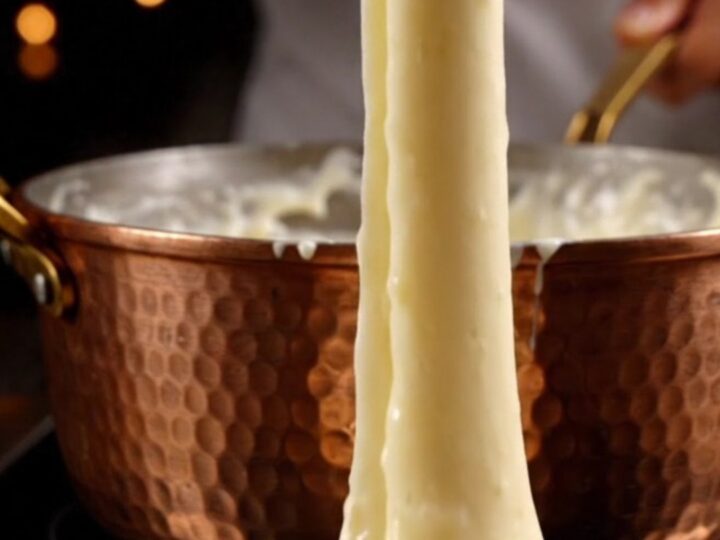 A wooden spoon lifting a long, glossy, elastic ribbon of French Aligot from a copper pot.