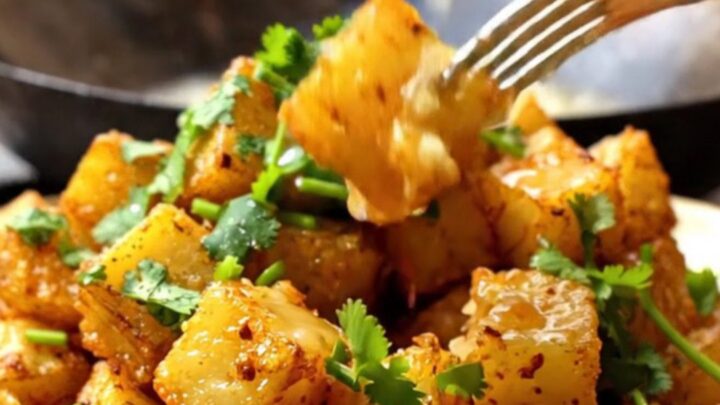 A close-up of golden-fried Batata Harra potatoes in a rustic bowl, garnished with fresh cilantro and lemon.
