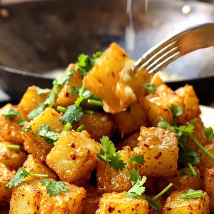 A close-up of golden-fried Batata Harra potatoes in a rustic bowl, garnished with fresh cilantro and lemon.