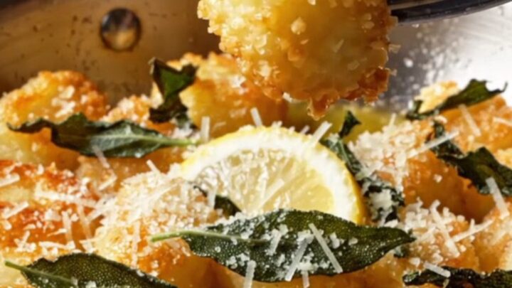 A close-up of crispy pan-fried gnocchi garnished with fresh sage leaves and grated parmesan cheese.
