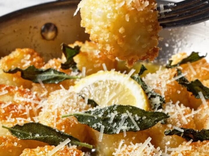 A close-up of crispy pan-fried gnocchi garnished with fresh sage leaves and grated parmesan cheese.