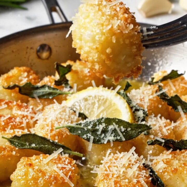 A close-up of crispy pan-fried gnocchi garnished with fresh sage leaves and grated parmesan cheese.