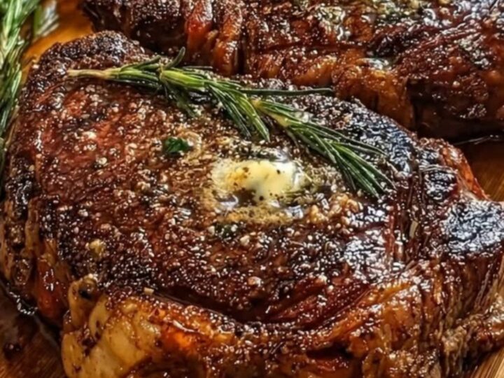 Three thick, perfectly seared ribeye steaks resting on a wooden board with melting garlic butter and fresh rosemary.
