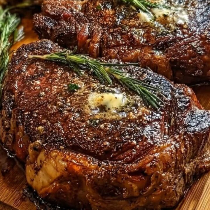 Three thick, perfectly seared ribeye steaks resting on a wooden board with melting garlic butter and fresh rosemary.