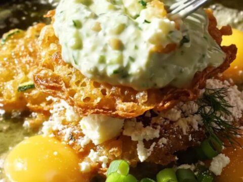 A stack of golden-brown zucchini and halloumi fritters topped with fresh mint and a side of creamy tzatziki.
