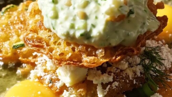 A stack of golden-brown zucchini and halloumi fritters topped with fresh mint and a side of creamy tzatziki.