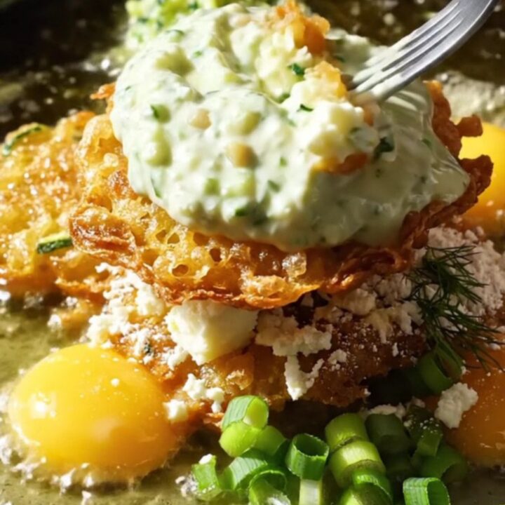 A stack of golden-brown zucchini and halloumi fritters topped with fresh mint and a side of creamy tzatziki.