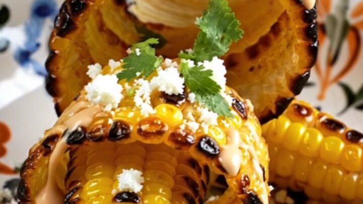 A platter of golden-brown, curled corn ribs topped with creamy chipotle sauce, crumbled white cotija cheese