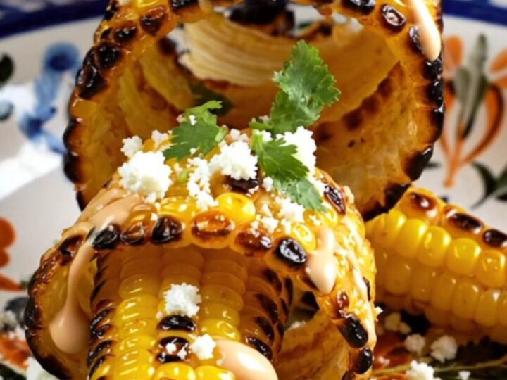 A platter of golden-brown, curled corn ribs topped with creamy chipotle sauce, crumbled white cotija cheese