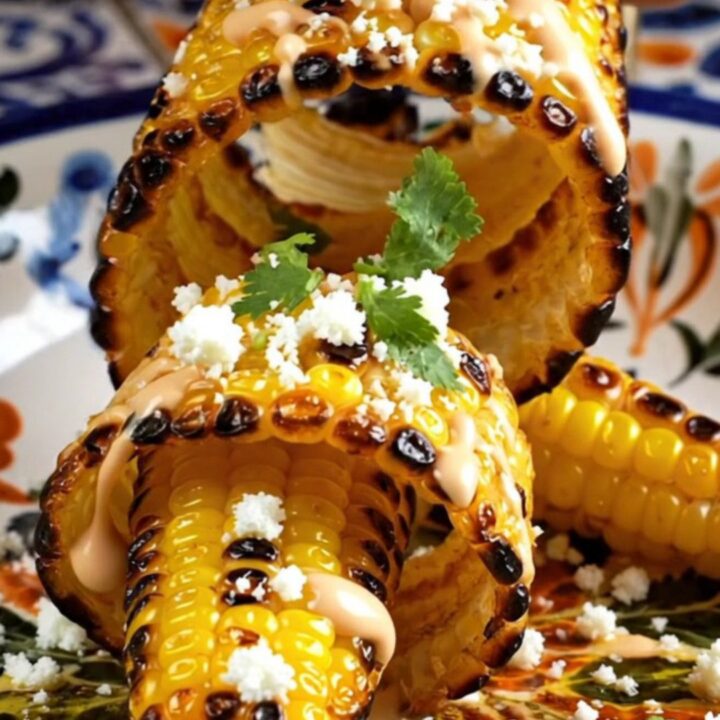 A platter of golden-brown, curled corn ribs topped with creamy chipotle sauce, crumbled white cotija cheese