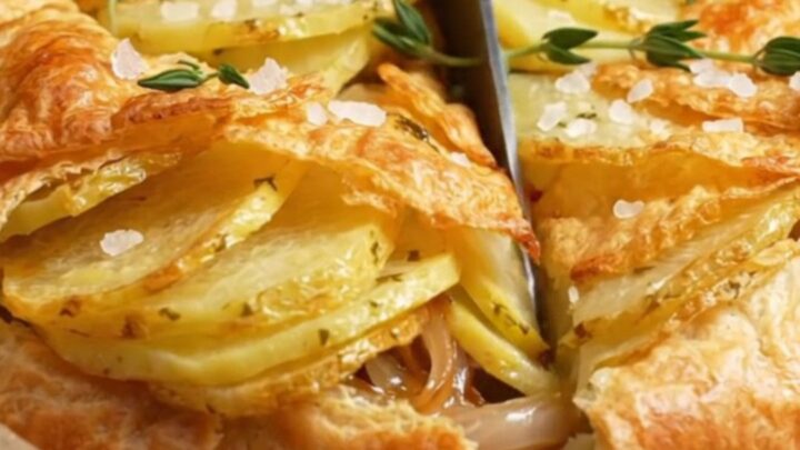 A golden, crispy potato galette inverted onto a white platter, showing beautiful overlapping potato shingles.