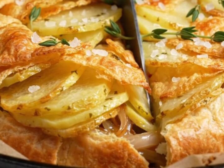 A golden, crispy potato galette inverted onto a white platter, showing beautiful overlapping potato shingles.