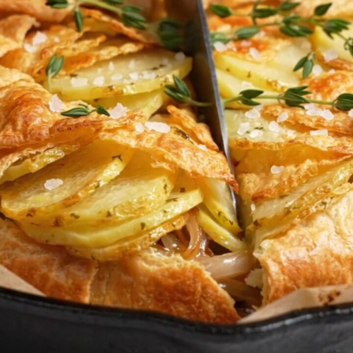 A golden, crispy potato galette inverted onto a white platter, showing beautiful overlapping potato shingles.