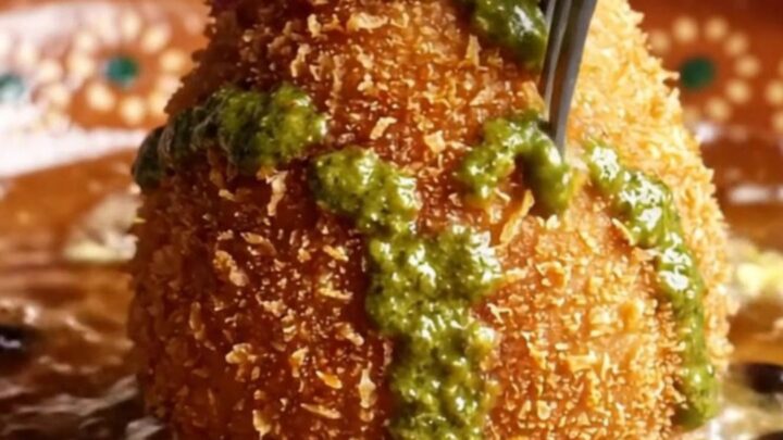 A golden-fried Papa Rellena cut in half, revealing the spiced beef, hard-boiled egg, and olive filling inside.
