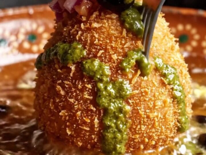 A golden-fried Papa Rellena cut in half, revealing the spiced beef, hard-boiled egg, and olive filling inside.