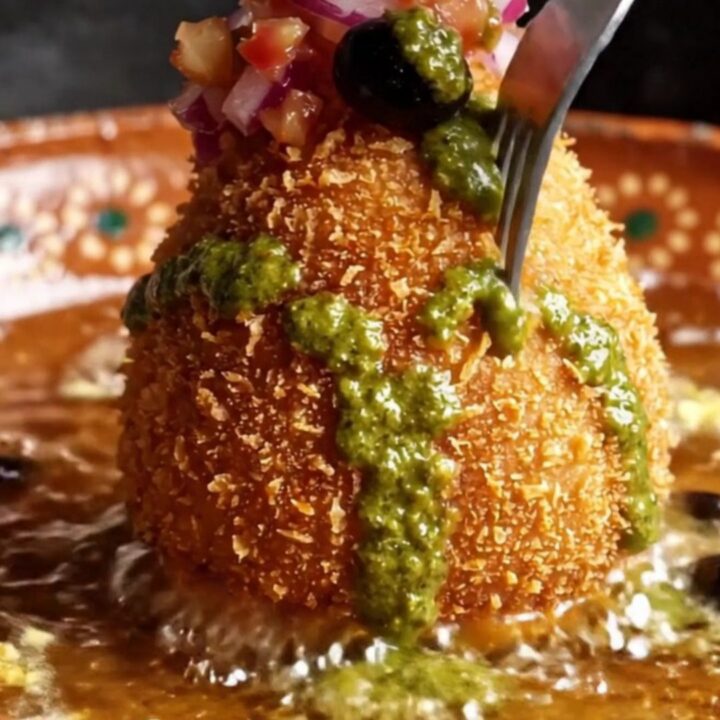 A golden-fried Papa Rellena cut in half, revealing the spiced beef, hard-boiled egg, and olive filling inside.