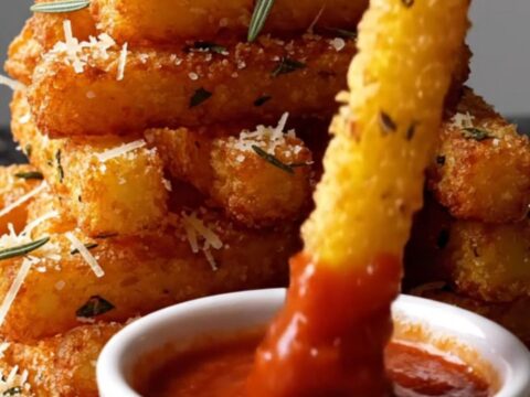 Crispy golden polenta fries stacked on a plate with a side of red marinara sauce.