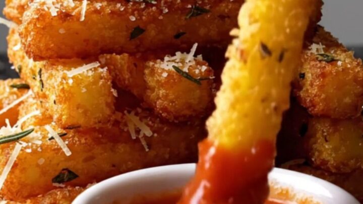 Crispy golden polenta fries stacked on a plate with a side of red marinara sauce.