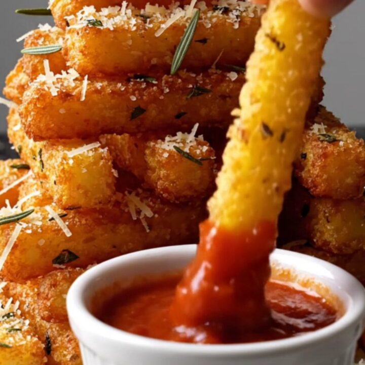 Crispy golden polenta fries stacked on a plate with a side of red marinara sauce.