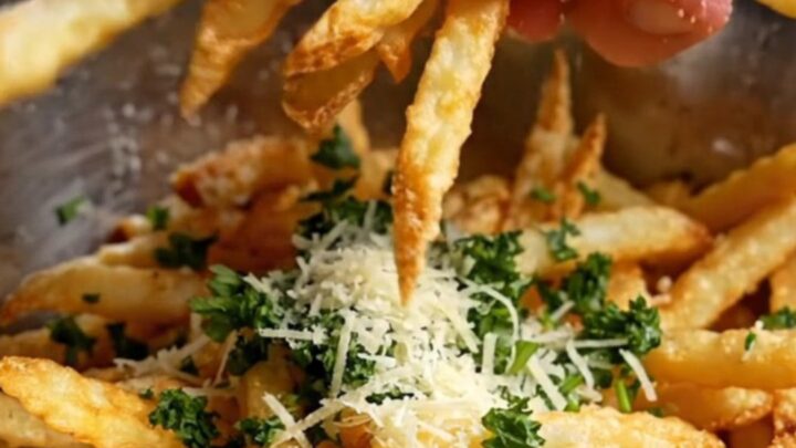 A towering basket of golden, thin shoestring fries topped with grated Pecorino Romano and fresh parsley.