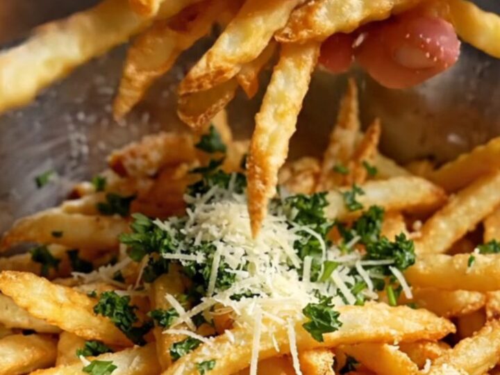 A towering basket of golden, thin shoestring fries topped with grated Pecorino Romano and fresh parsley.