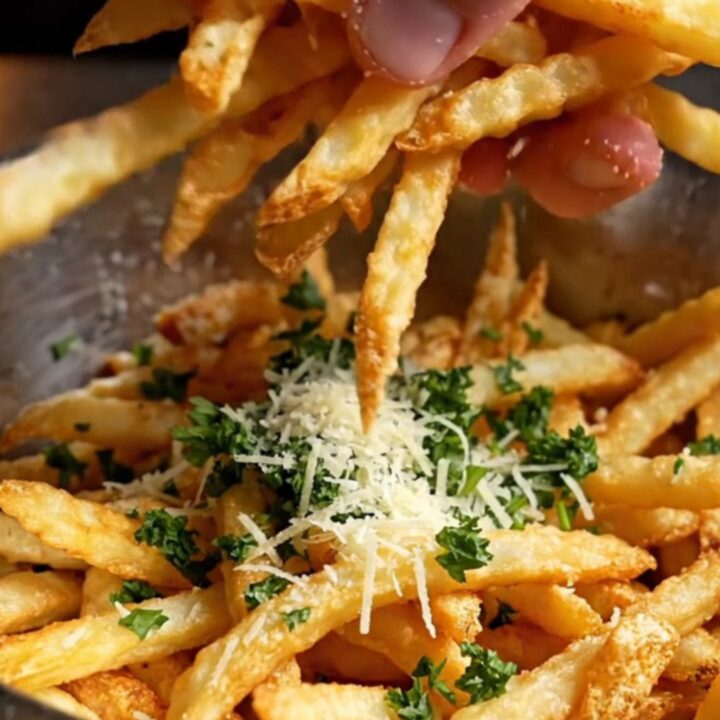 A towering basket of golden, thin shoestring fries topped with grated Pecorino Romano and fresh parsley.