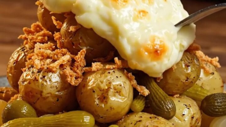 A rustic pan filled with crispy crushed potatoes topped with a thick, bubbling layer of golden melted Raclette cheese.