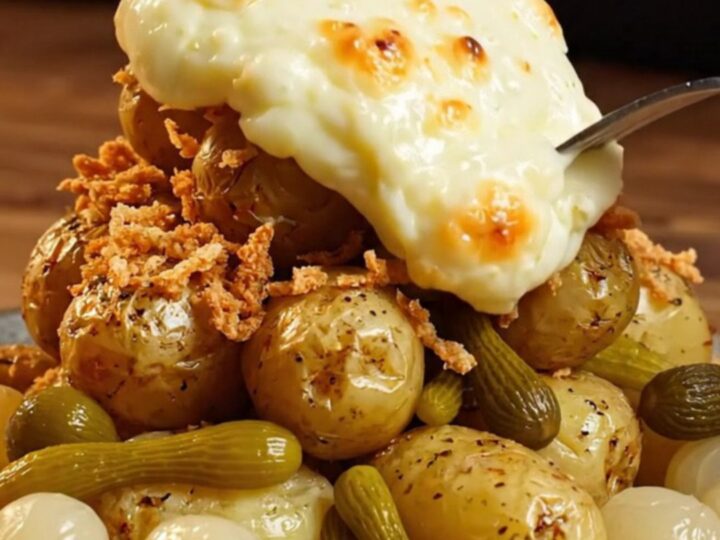 A rustic pan filled with crispy crushed potatoes topped with a thick, bubbling layer of golden melted Raclette cheese.