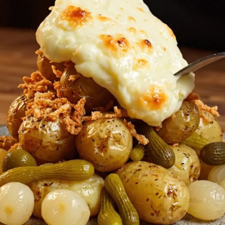 A rustic pan filled with crispy crushed potatoes topped with a thick, bubbling layer of golden melted Raclette cheese.