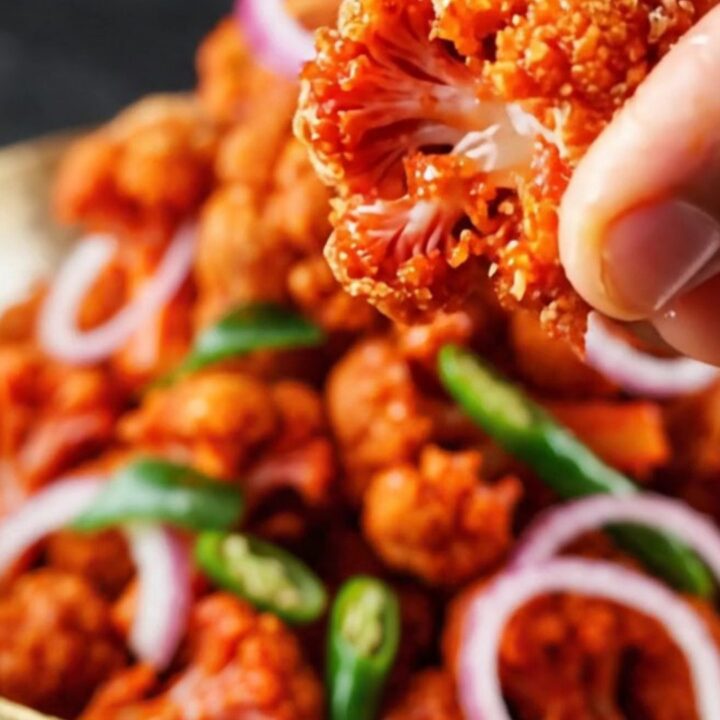 A vibrant bowl of crispy golden-brown Gobi 65 topped with fresh lime wedges and sliced onion rings.