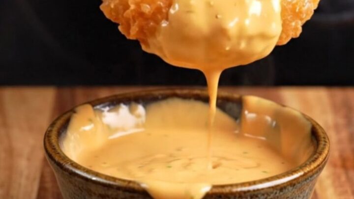 A close-up of a crispy beer-battered onion ring being pulled apart to reveal the sweet, tender onion inside.