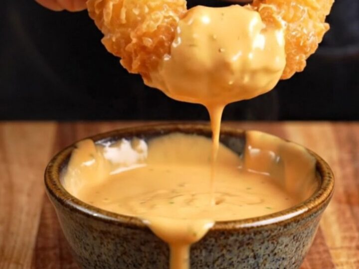 A close-up of a crispy beer-battered onion ring being pulled apart to reveal the sweet, tender onion inside.