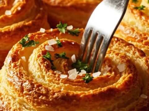 Golden-brown Duchess potato swirls with sharp, crispy ridges arranged on a baking sheet.