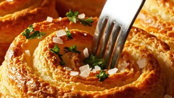 Golden-brown Duchess potato swirls with sharp, crispy ridges arranged on a baking sheet.