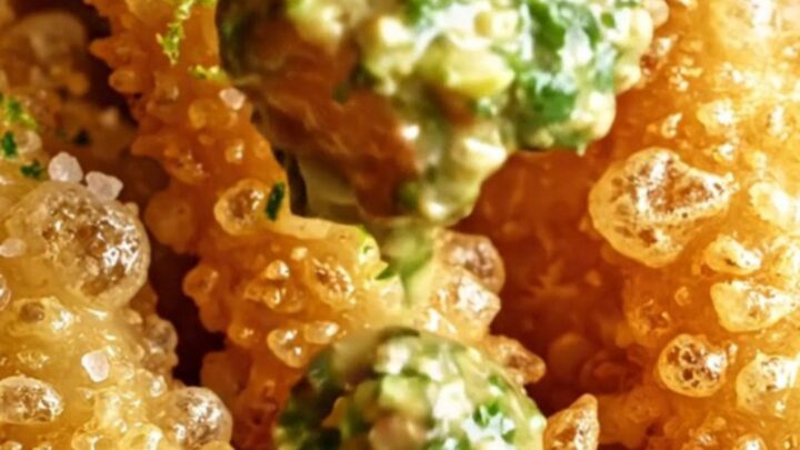 A close-up of golden-fried yuca fries with a glass-like crust, showing a fluffy white center.