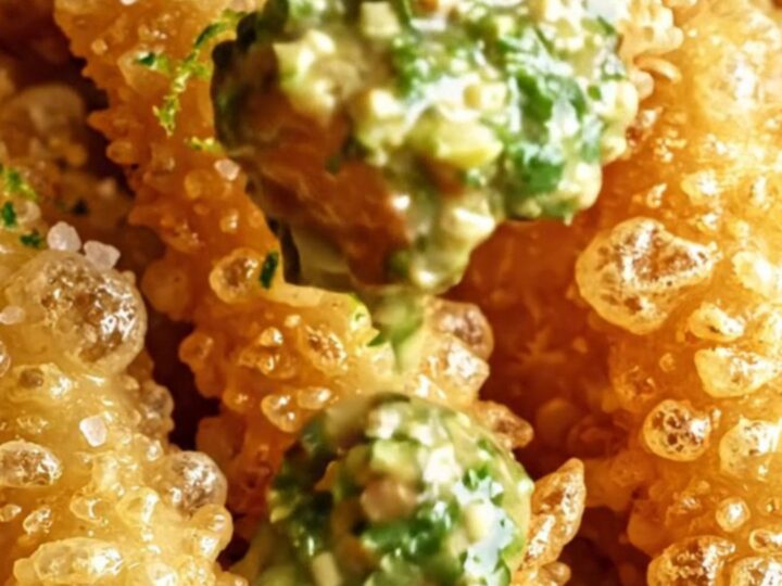 A close-up of golden-fried yuca fries with a glass-like crust, showing a fluffy white center.